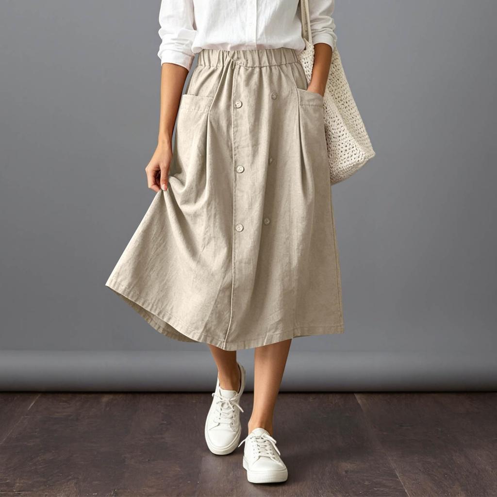 Women's Casual Vintage Loose Fit Midi Skirt with Pockets Elastic Waistband Button Front Design Comfortable Everyday Wear