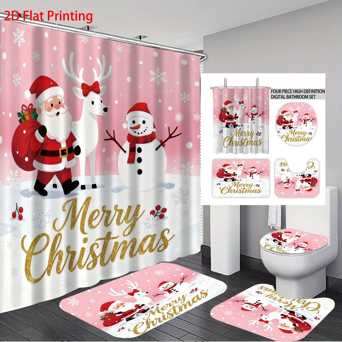 

4pcs cartoon Santa Claus reindeer print bathroom set 180x180 waterproof shower curtain, floor mat, toilet seat mat, U-shaped mat