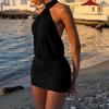 Women Sleeveless Neck Backless Tie Bodycon Mini Dress with Ruched for Evening Party Clubwear