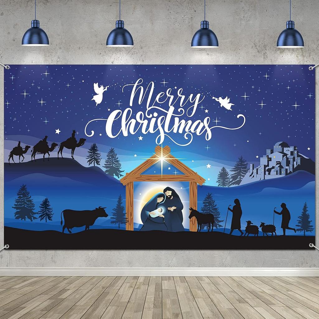 1pc Merry Christmas, Nativity Scene Polyester Background Fabric - Blue background Christmas Party Decoration and photography