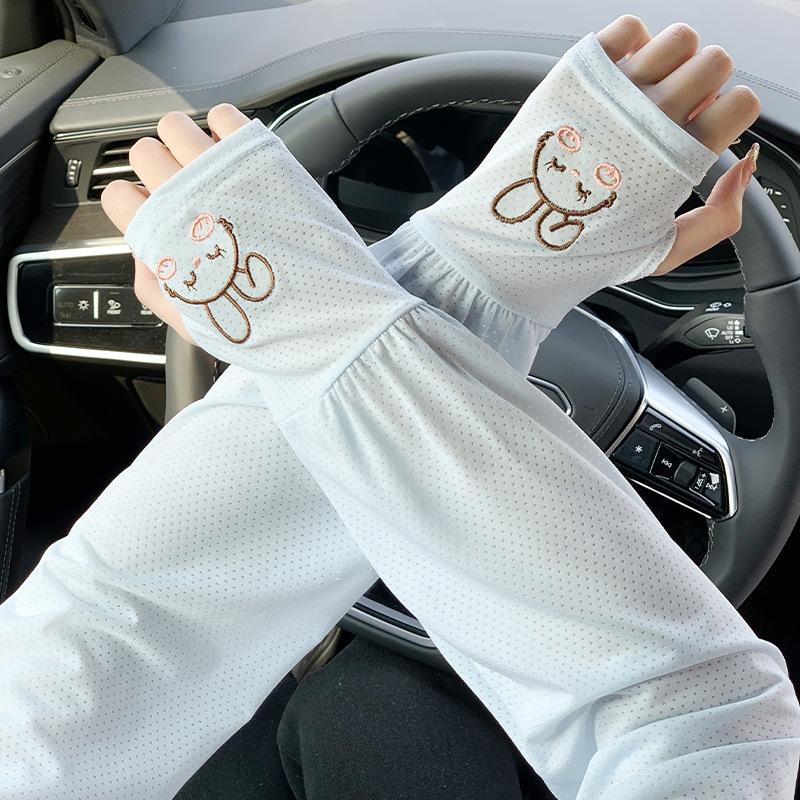 Women’s UV Protection Arm Sleeves, Cute Bunny Print Ice Silk Cooling Sleeves, Breathable Thin Summer Sun Sleeves for Cycling Running Outdoor