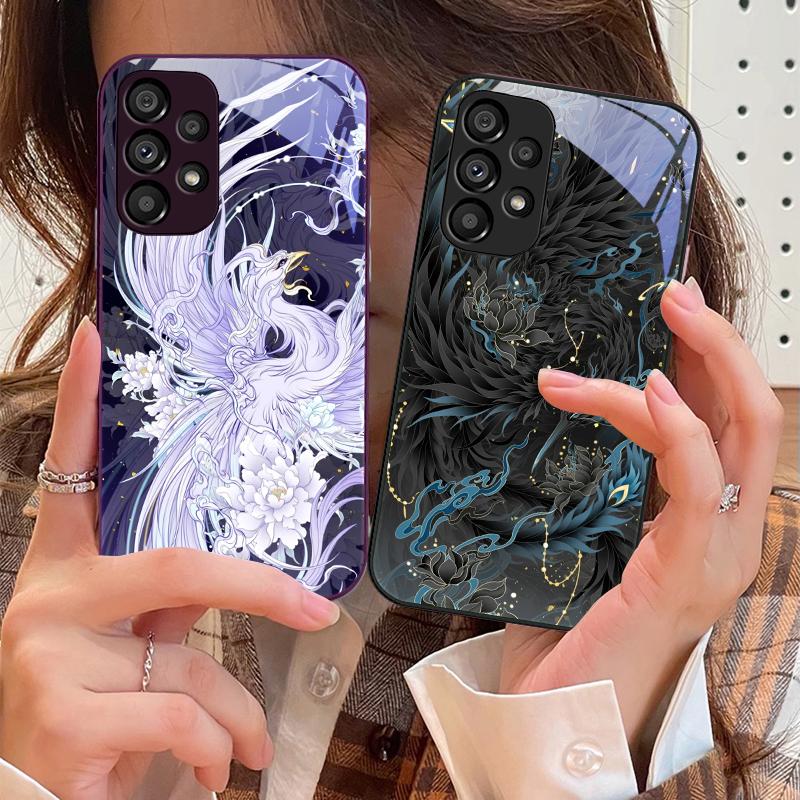 White And Blue Phoenix For Samsung Galaxy S10 4G S20 11E 30 S21 22 S24 Fe Pro S23 S25 Ultra 5G S9 Tempered Glass Phone Case
