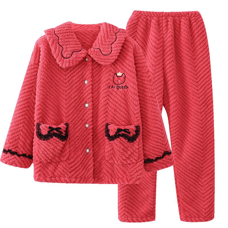 Pajama Women's Autumn/Winter Coral Velvet Set New Women's Flannel and Fleece Thickened Warm Home Wear