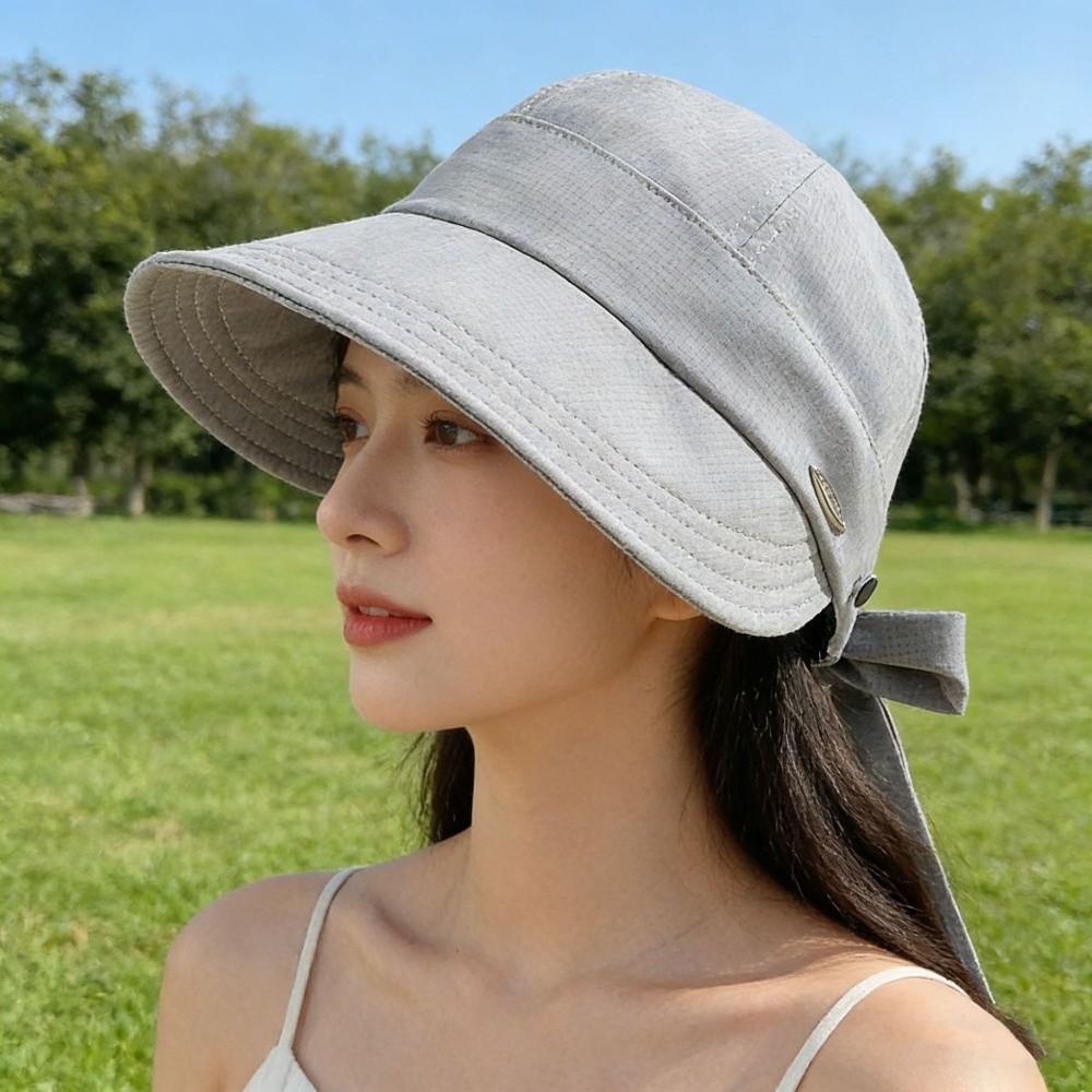 Solid Color Wide Brim Bucket Hat with Bow Peaked Cap Simple Women Sun Hat Fishing