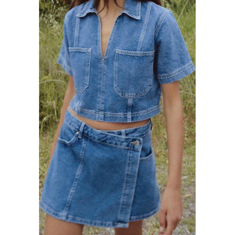 Spring New Women's Commute Leisure Versatile Asymmetric High Waist A- Line Skirt Denim Skirt 6164132