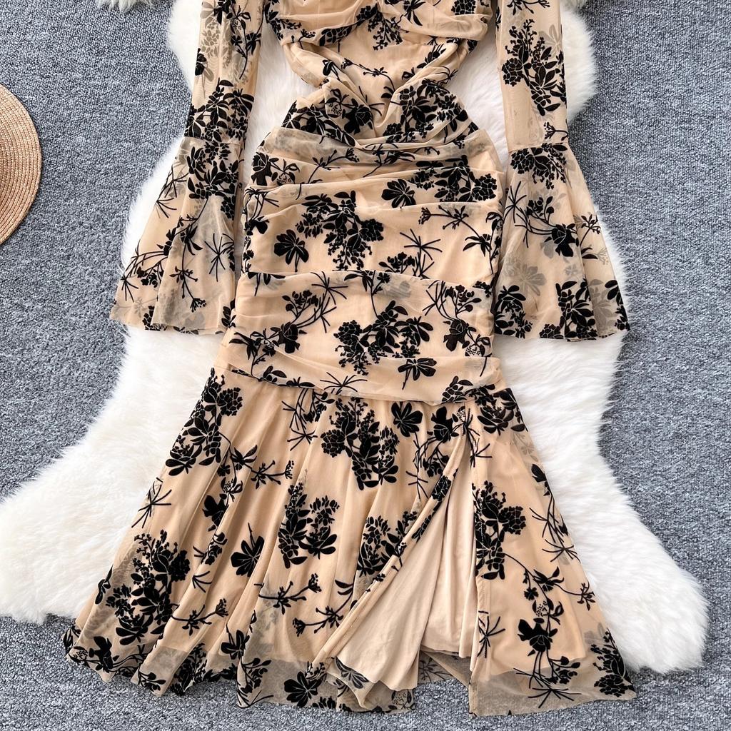 Summer Elegant Embroidery Flower Mermaid Evening Party Dress Women Long Flare Sleeve Cup Padded V Neck One Piece Mesh Folds Prom Robe