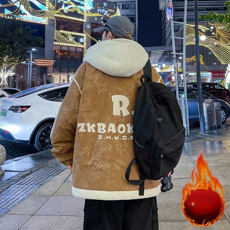 Winter Fleece-lined Thickened Jacket Men's New Fashion Cold-proof Warm Youth Hong Kong Style Tooling Large Pocket Cotton-padded Jacket