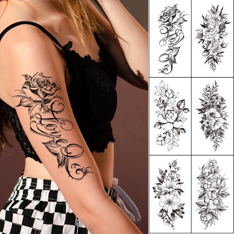 Waterproof Black & White Sketch Flower Half Sleeve Tattoo Stickers