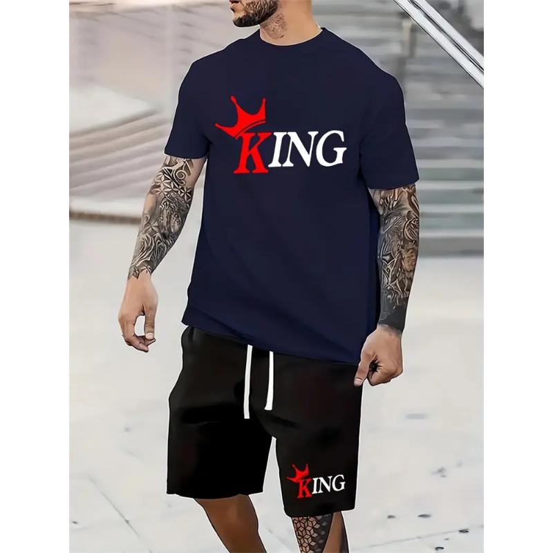 2024 New Summer Shorts Short Sleeve 2 Pieces Fashion Everyday Suit King Letter Print T-Shirt Suit Outdoor Streetwear Sports Suit