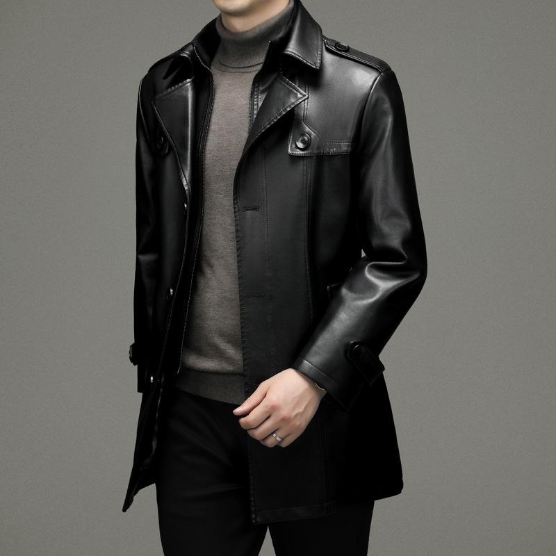 Winter Genuine Leather Jacket Sheepskin Men's Mid-length Leather Windbreaker Lapel Plus Velvet Thickened Leather Coat for Men