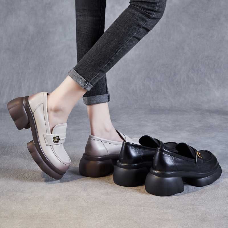 2025 Spring New Soft Leather Platform Loafers Women's Heightening Women's Shoes Soft Leather Versatile Muffin Platform Women's Leather Shoes Women
