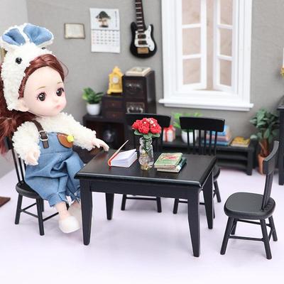 1:12 Dollhouse Restaurant Mini Dining Set - Black Table & Chairs (5-Piece)