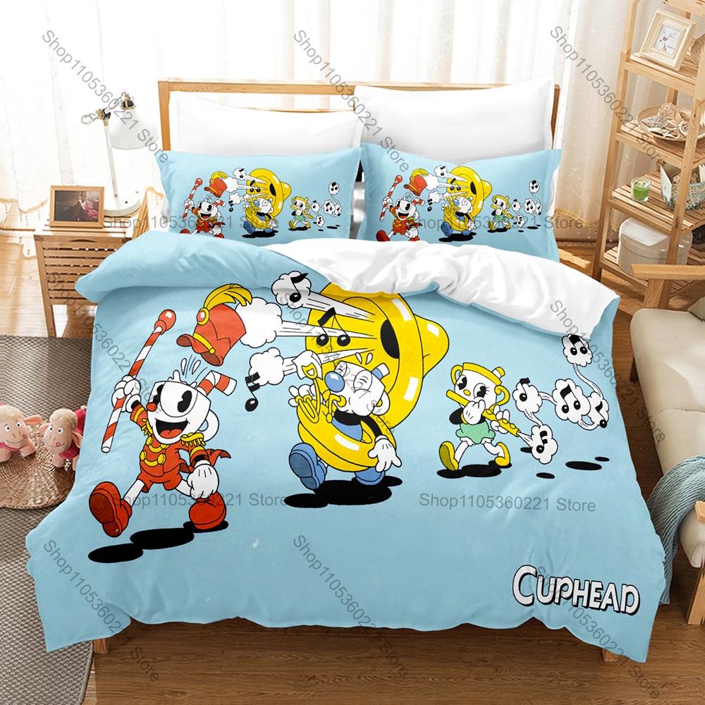 Kawaii Cuphead and Mugman Pattern Bedding Set 3 Piece Duvet Cover with Pillowcase for Kids Adults Bedroom Decor