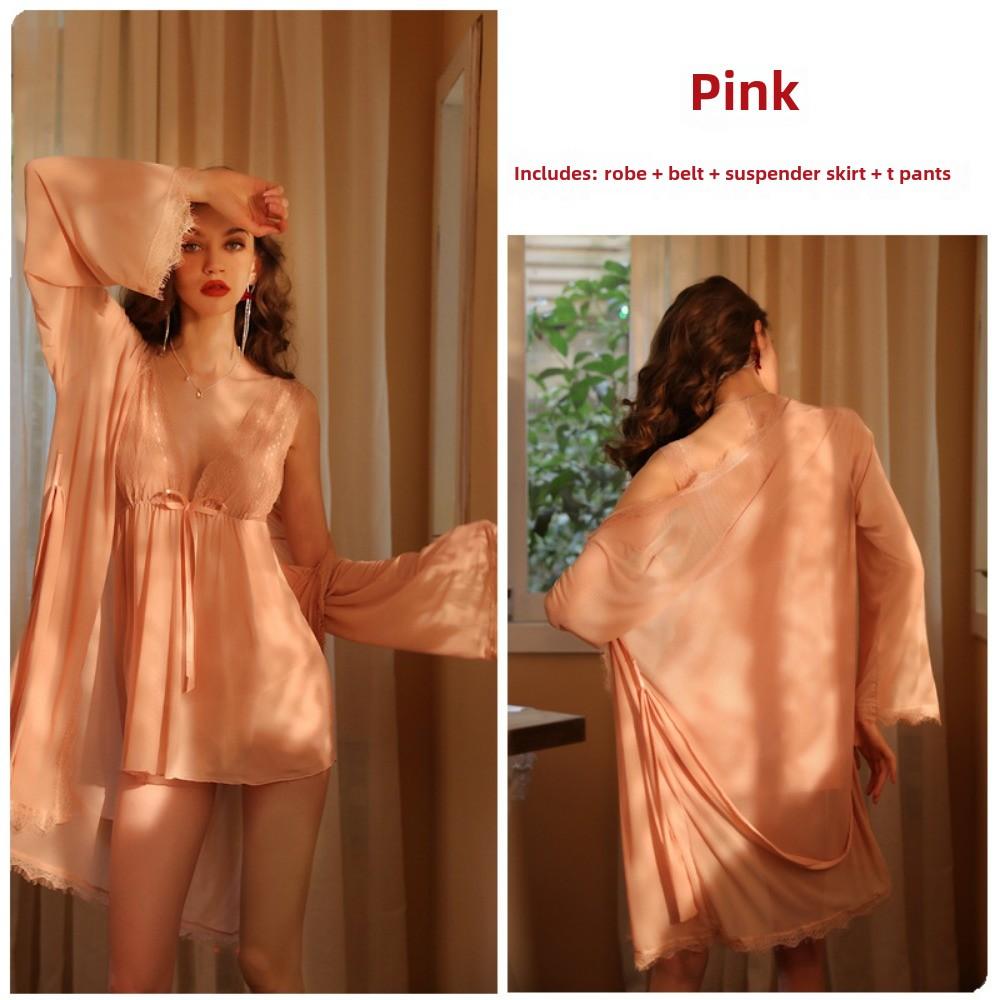 Large Size Sexy Suspender Skirt for Women Pure Desire Pajamas Lace Mesh Gown Loungewear Set