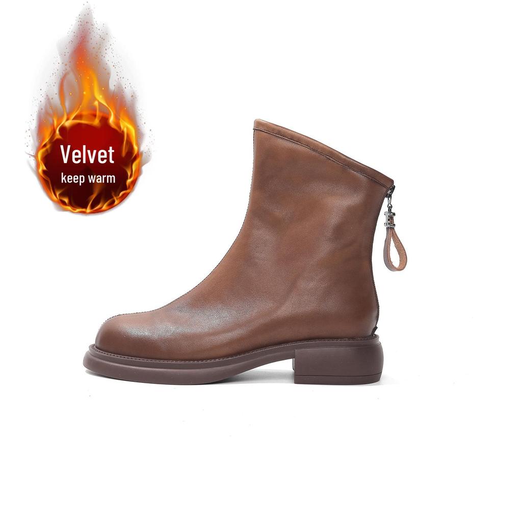 British Style Women's Genuine Leather Martin Boots, Autumn/Winter 2025 Vintage Brown, Non-Slip Fleece-Lined Flat Ankle Boots.