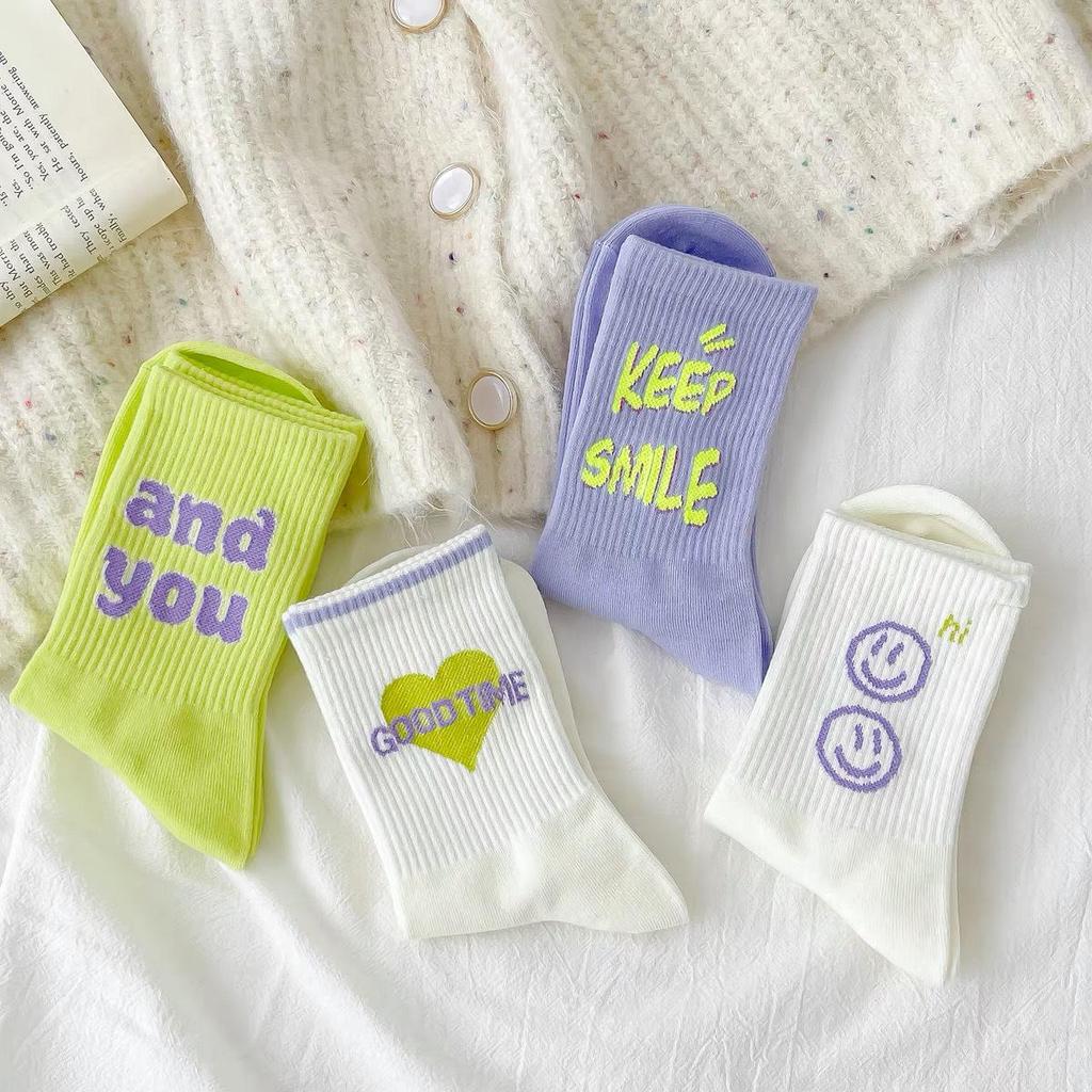 Women's Mid-Calf Socks: Trendy Spring/Summer Street Style – Comfortable, Breathable with Letter and Smiley Face Designs
