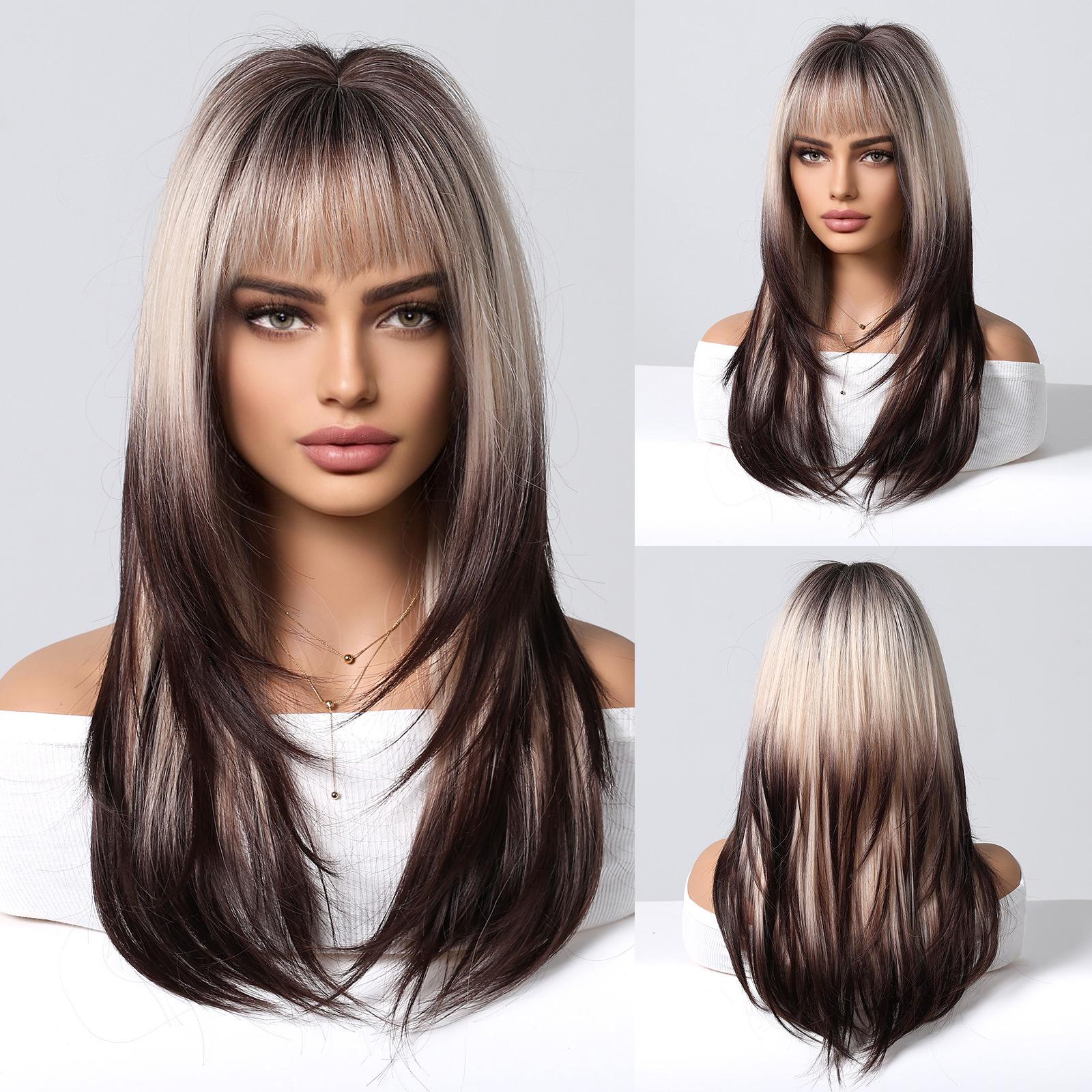 

Розовый градиентный темно-коричневый панк-парик для косплея с челкой - полностью покрытый головой, длинные и прямые волосы