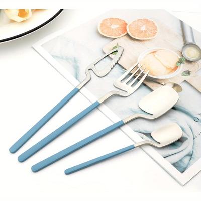Set di posate per la casa in acciaio inossidabile 18/10 da 24 pezzi, utensili da cucina in metallo opaco con manici colorati per 6 persone