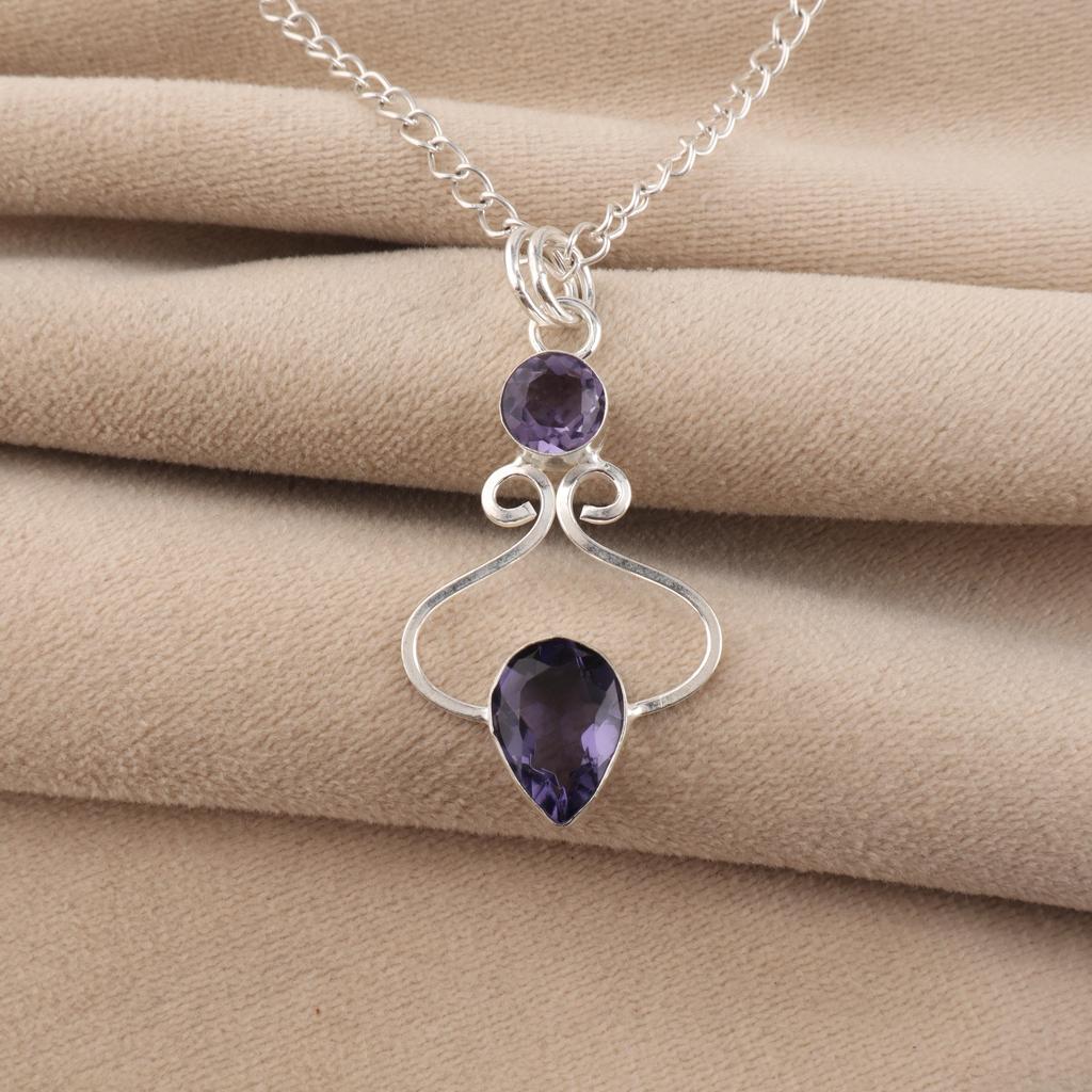 Iolite Gemstone 925 Sterling Silver Statement Designer Pendant 1.60" For Mother PP-13-2