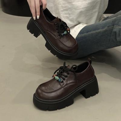 Retro Round Head Beaded Small Leather Shoes Women's 2025 Early Autumn New Versatile British Style Platform Lace-up Loafers