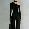 Chic Asymmetric Neckline Top and Pants Set Elegant Women's High Waist Gold Zipper Wide Leg Trousers Two Piece Set Party Outfits