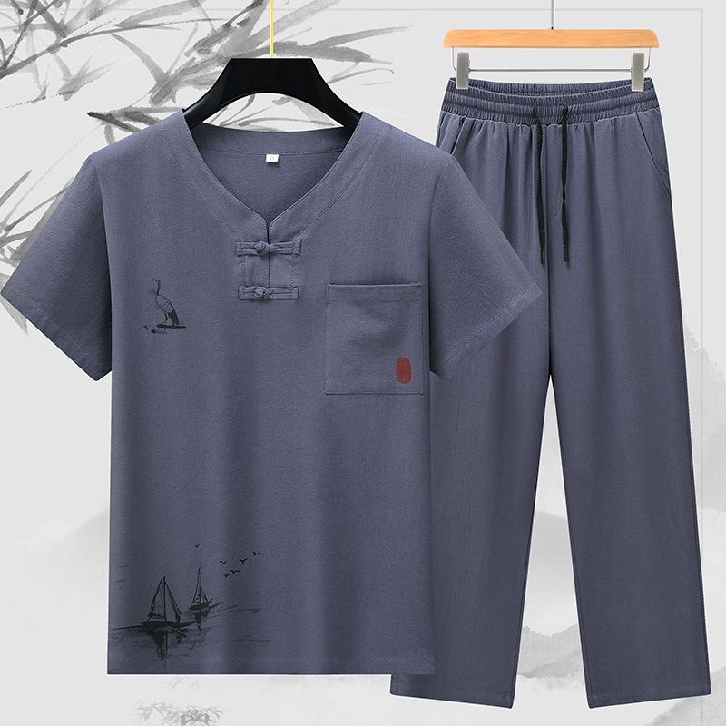 

Большой размер Мужской летний костюм в стиле Тан для мужчин среднего и пожилого возраста Мужской костюм Ханфу в китайском стиле Летний мужской комплект из чистого хлопка Комплект из двух предметов 6XL темно серый