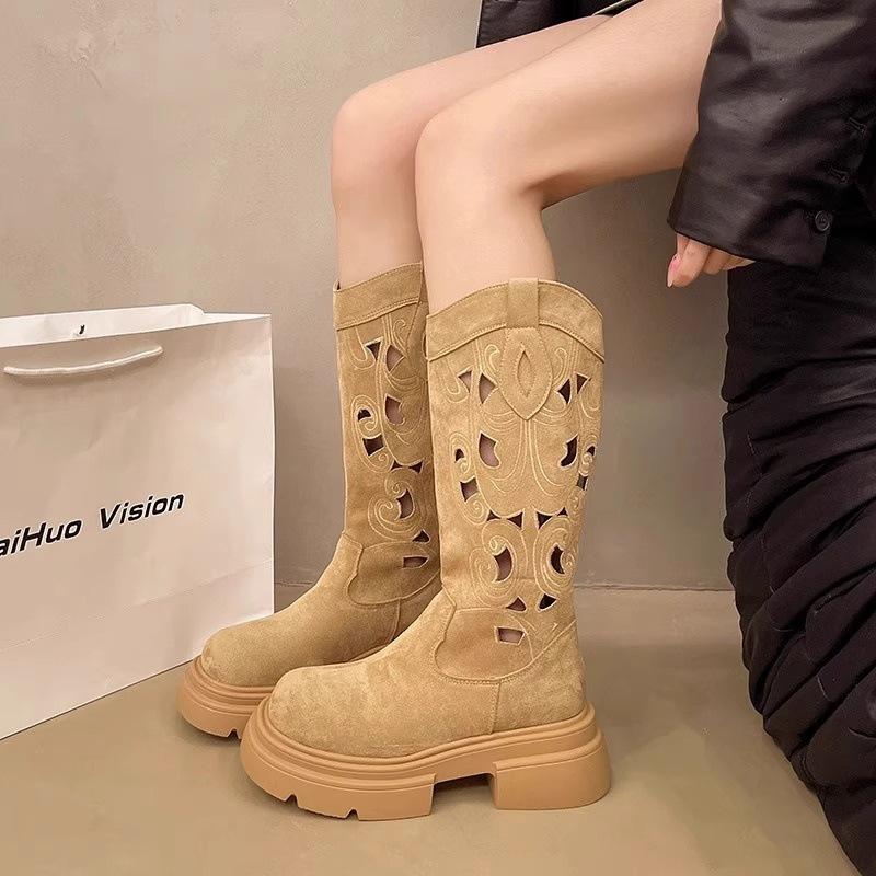 Retro western boots women's 2025 new autumn temperament versatile thick heel boots but knee hollow knight boots