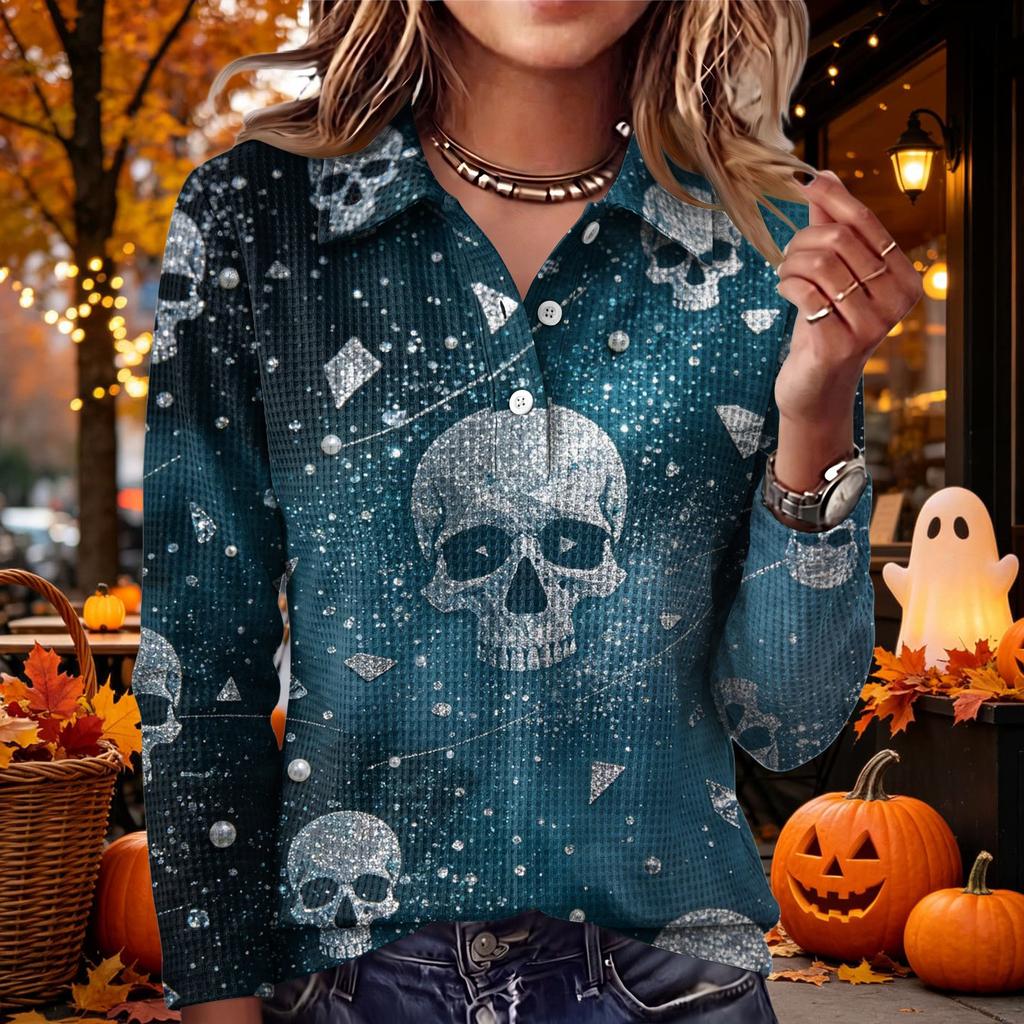 Women's Casual Long Sleeve Knit Top with Halloween Print and Lapel Collar