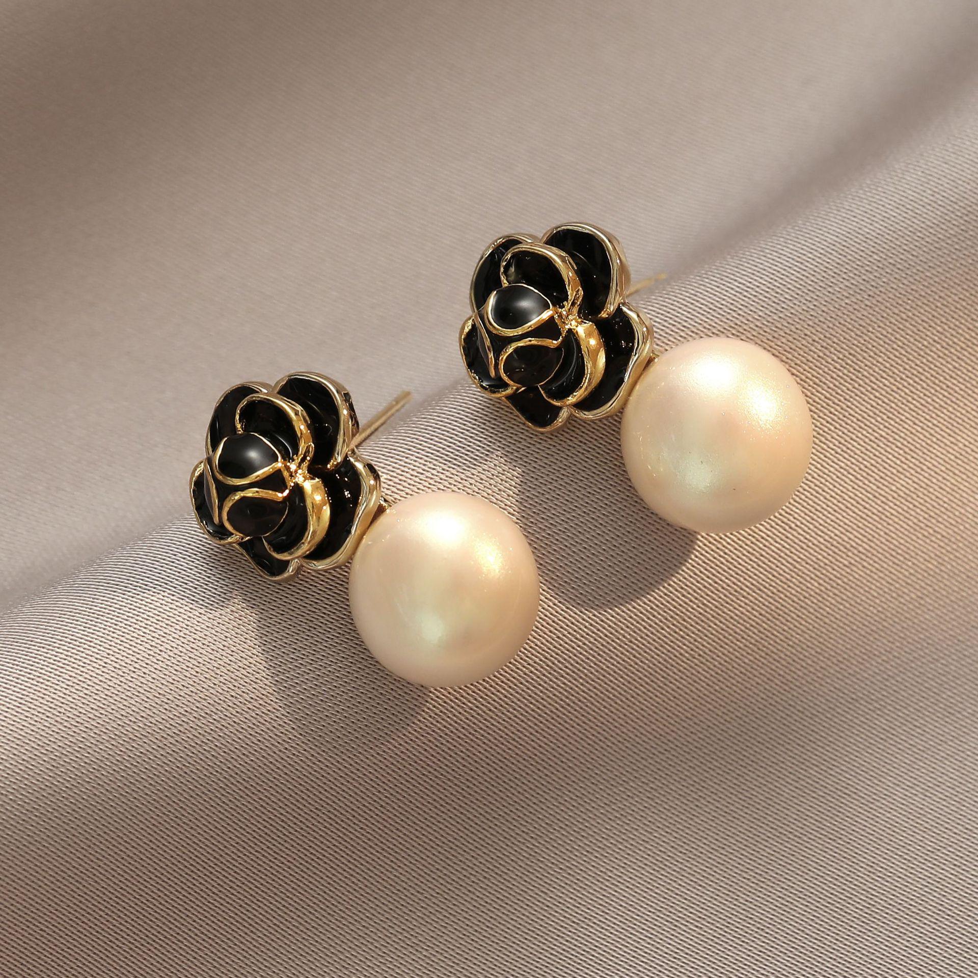 

Korean Style Freshwater Pearl & Camellia S925 Silver Stud Earrings for Women