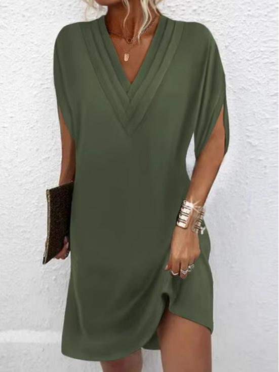 2024 Women's V-Neck Pleated Batwing Sleeve Dress for Spring/Summer - Elegant Style