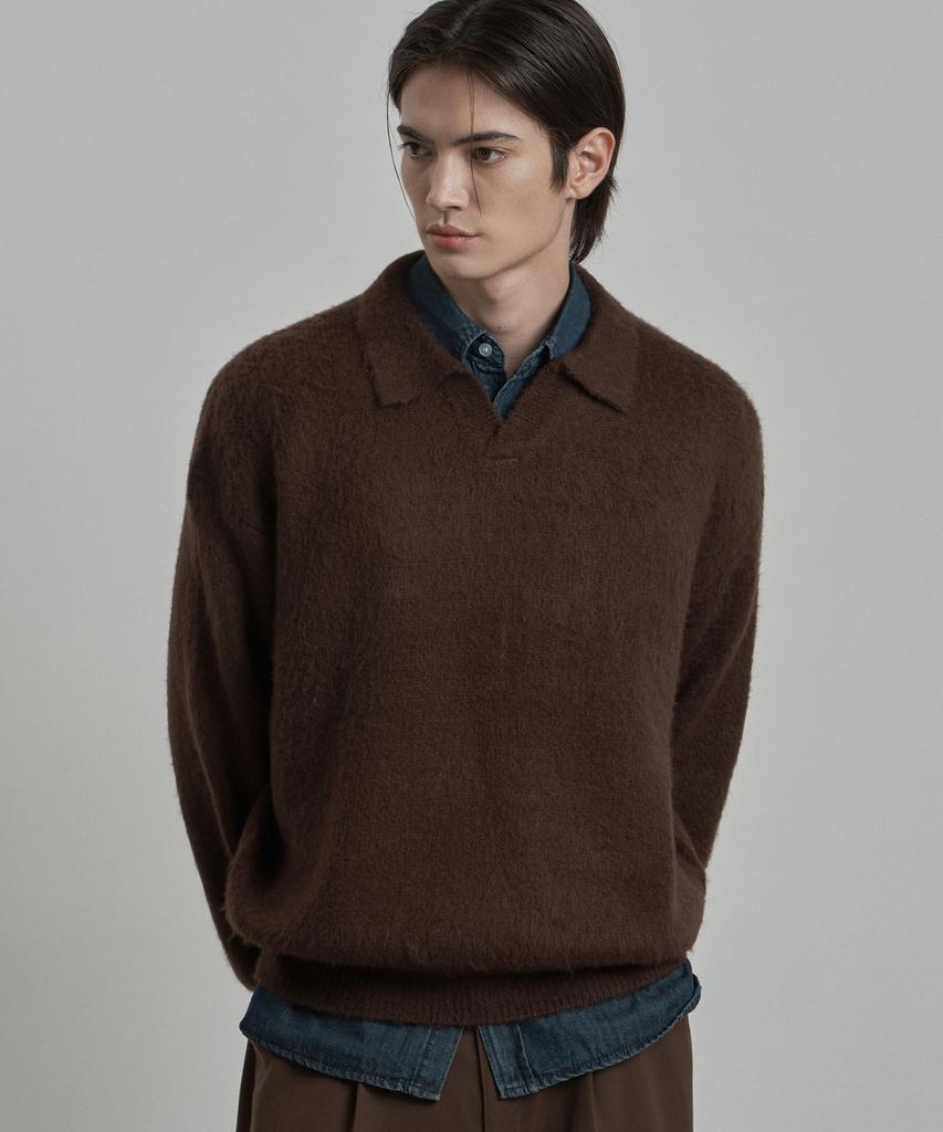WORK ON BODY OFF Lanugo Semi-Overfit Brush Collar Knit [Brown]