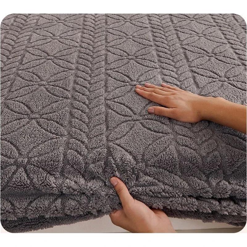 Taffeta Velvet Mattress Cover with Elastic Bands Solid Color Anti-slip Adjustable Fitted Sheet Soft Winter Coral Fleece Bed Sheet