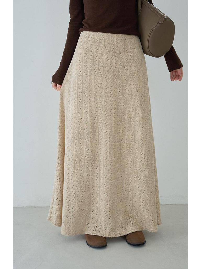 Koreanischer Stil Schwarzer texturierter High-Waist figurbetonter A-Linien-Strick-Midirock für Damen