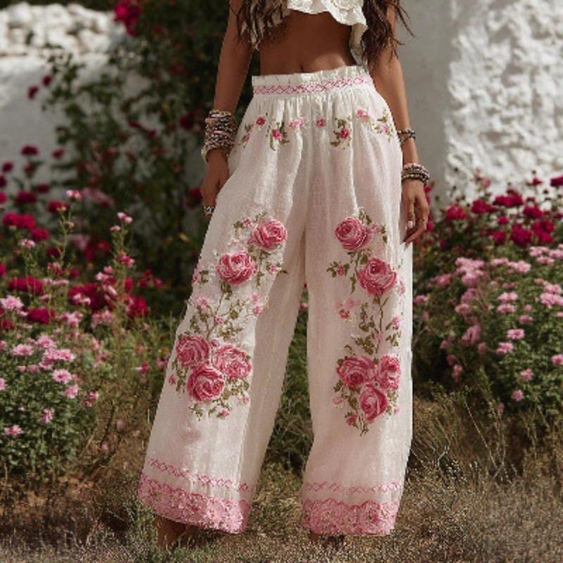 Elegant Women's Straight-Leg Pants with 3D Floral Print – New Season Style