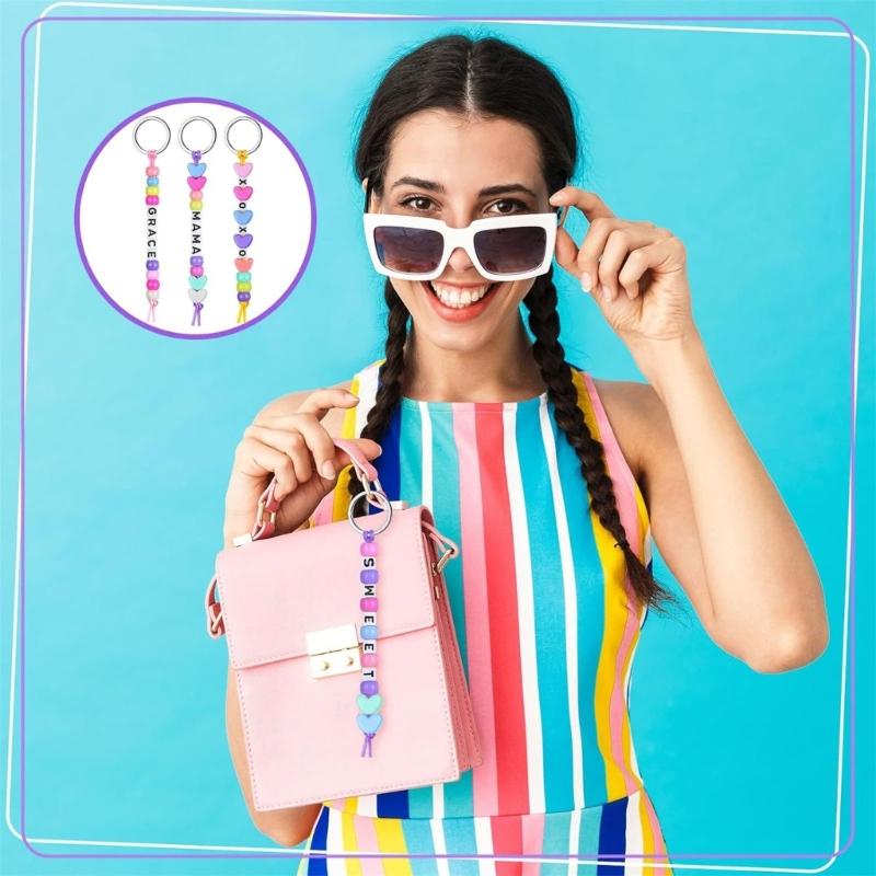 DIY Beaded Keychain Craft Kit, 566-Piece Set with Letter Beads, Cords and Metal Key Rings for Personalized Name Designs