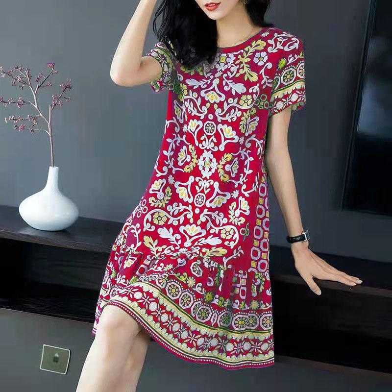 

Retro Print Loose Short Sleeve Mid-Length Dress for Spring and Summer M червоний