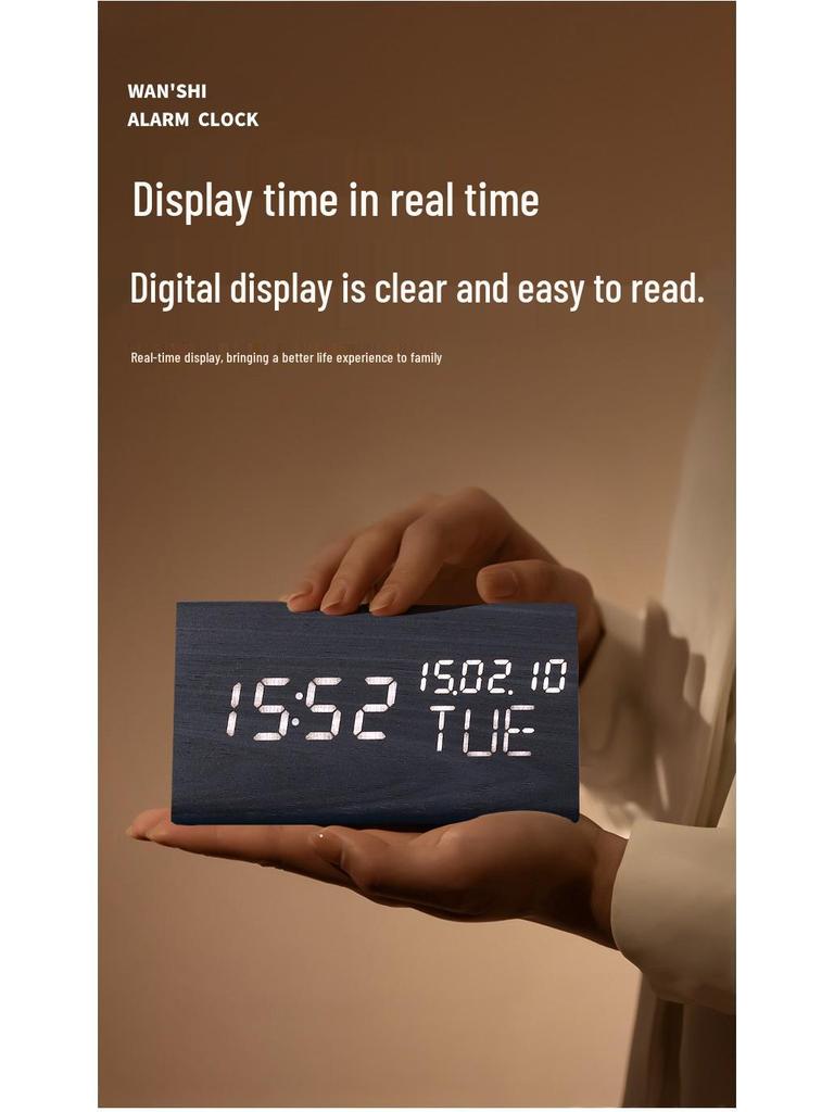 Triple Display LED Wooden Alarm Clock with Silent, Luminous Features and Perpetual Calendar