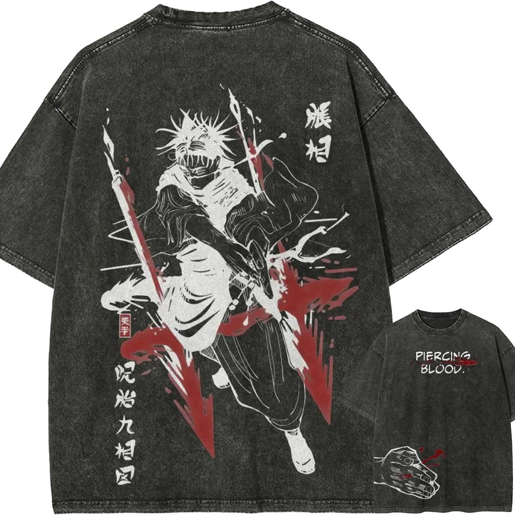 Choso Piercing Blood Tshirt Jujutsu Kaisen Graphic Tee Vintage Washed Oversized Retro Anime Harajuku Men Streetwear Top Clothes