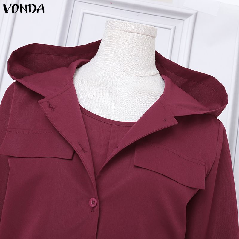 VONDA 2PCS Women Long Sleeve Hooded Tops and Sleeveless Skirts Casual Two Piece Suit Sets