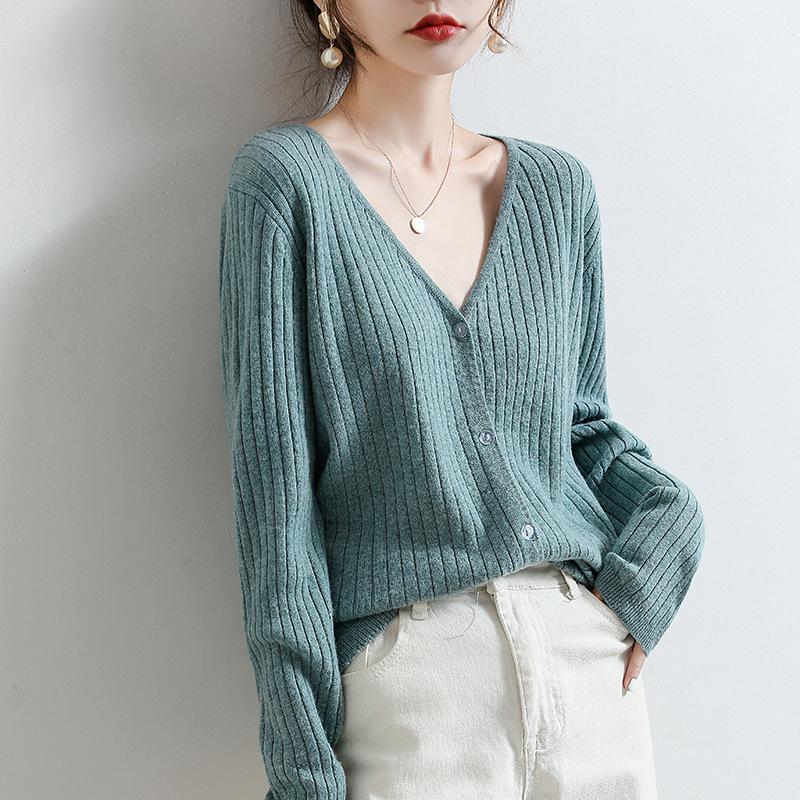 Women's V Neck Ribbed Knit Cardigan Thin Single Breasted Loose Slim Long Sleeve Knitwear Coat for Spring Autumn