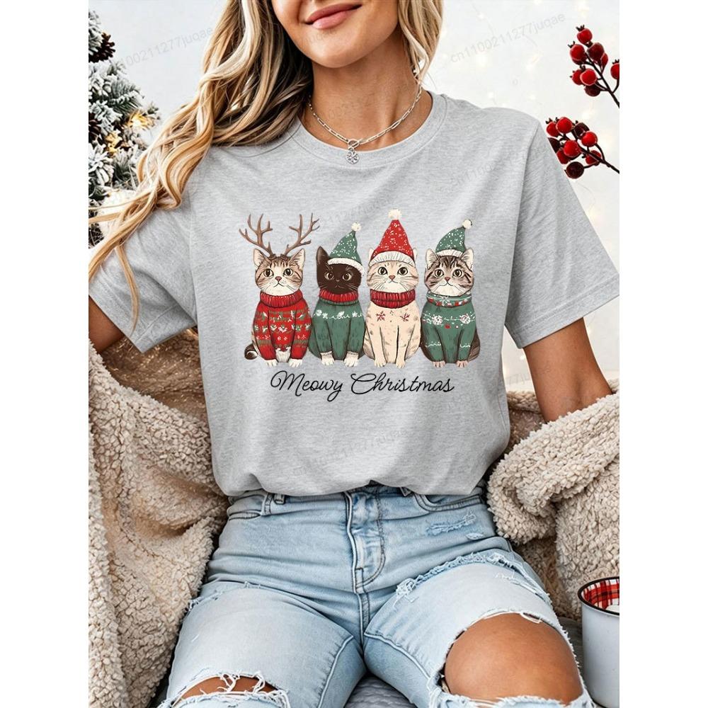 Women Christmas T‑Shirt Meowy Christmas Cute Cat Xmas Sweater Hat Reindeer Print Short Sleeve Casual Holiday Party Tee Tops Gift