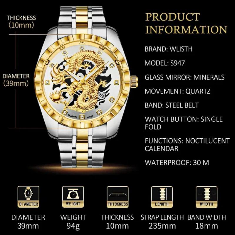 Fashionable Sun Wheel Golden Dragon Calendar Simple Watch Men's Business Steel Belt Watch