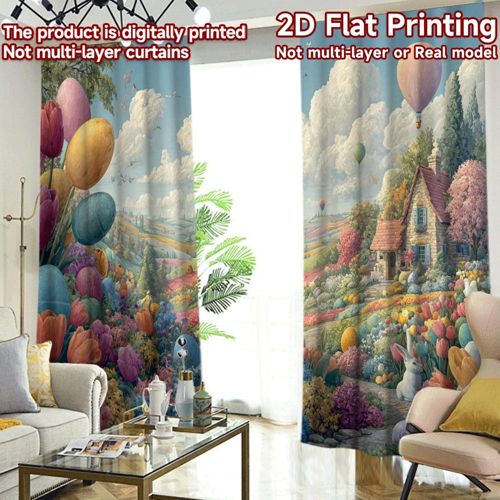 2D Flat Printing  2pcs Easter Garden with Bunny Light Filtering Popular Curtains Yarn Curtains Decorations Perfect for Study