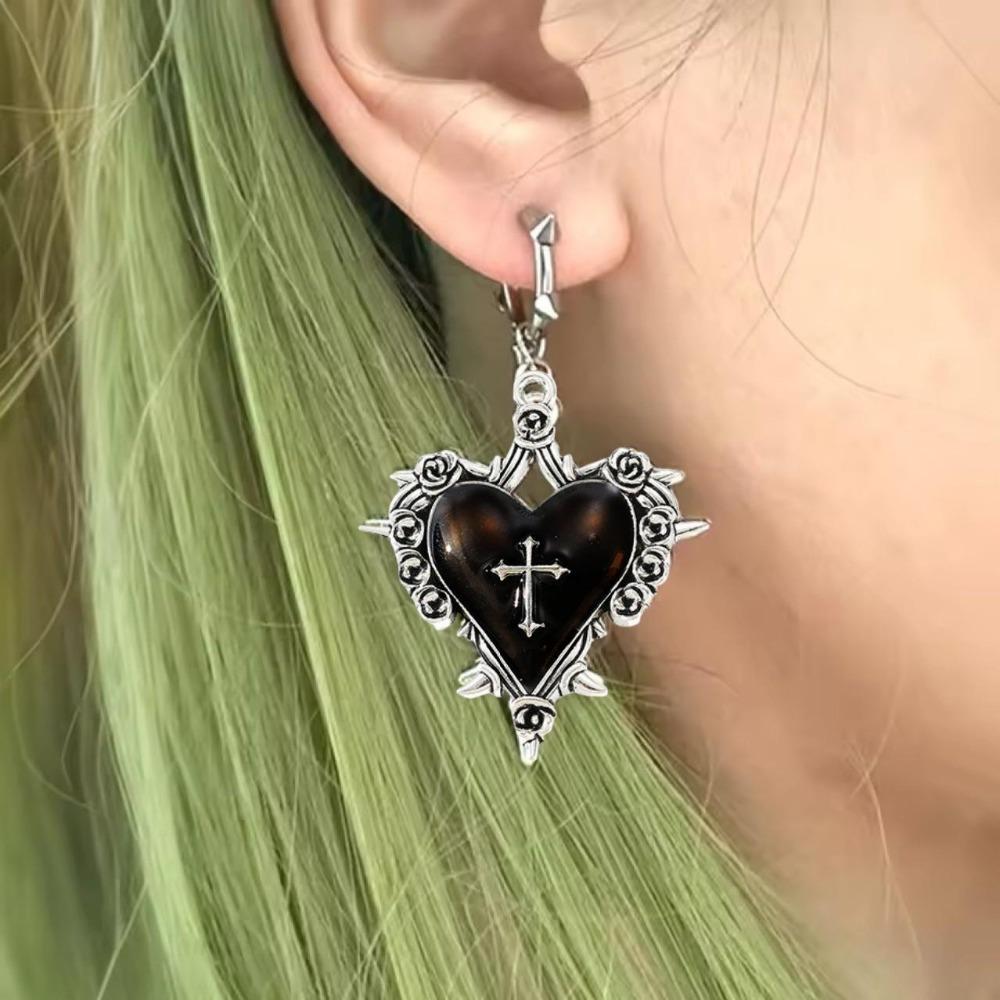 Gothic Punk Sliver Color Liquid Metal Red Thorn Heart Cross Shape Hoop Pendant Earrings for Women Halloween Party Jewelry Gifts