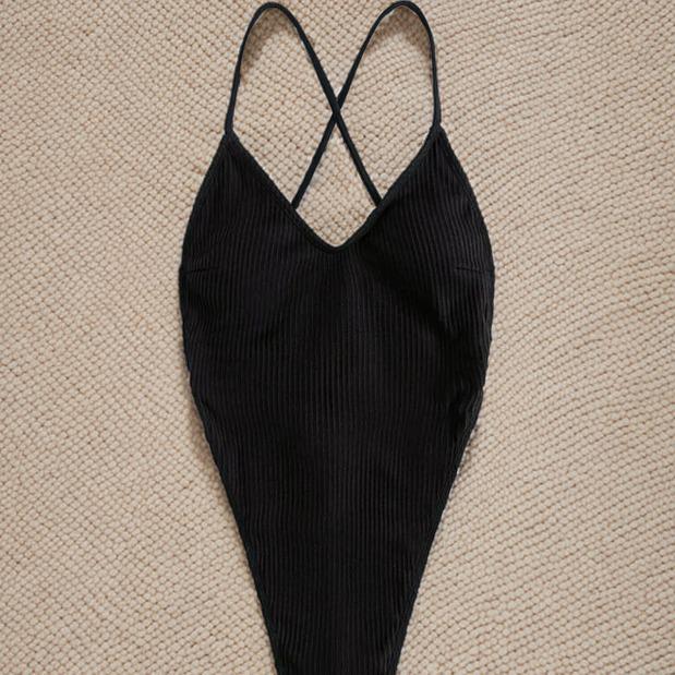 2025 European & American Solid Color Crinkle Deep V Backless High Waist Bikini Swimsuit