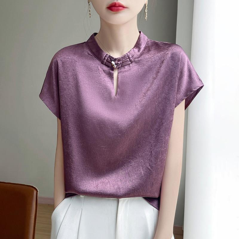 New Chinese style, spring and summer women's new national style buckle silky smooth satin texture design short-sleeved T-shirt top
