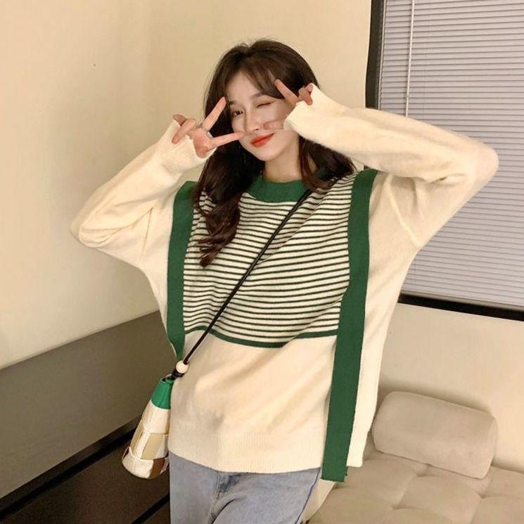 Striped Sweater for Women Autumn Winter Design Sense Niche Soft Texture Outer Wear Loose Crew Neck Knit Top