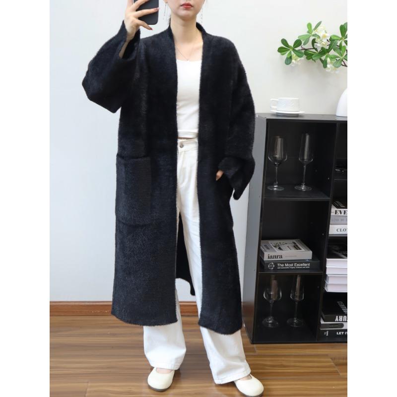Imitation mink velvet knitted cardigan women's autumn and winter long temperament loose lazy style sweater jacket commuter style
