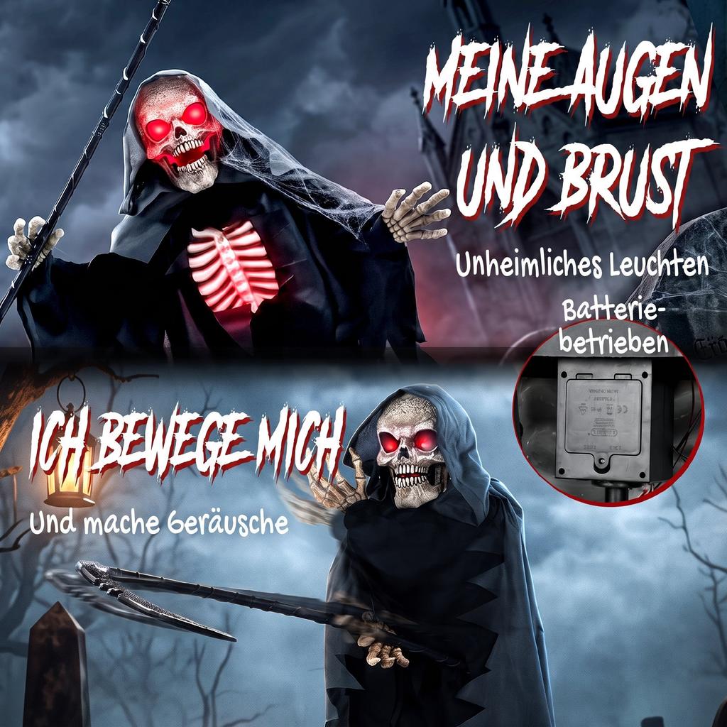 170 cm Halloween Animierte Sensenmann-Dekoration mit Ton- und Berührungsaktivierung, Leuchtende Augen und Brust