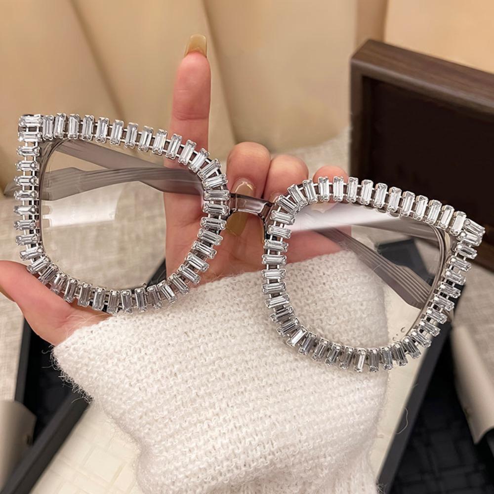 

Fashion Large Frame Eyewear INS Women Spectacles Rhinestone Sunglasses Daily Wear Silver